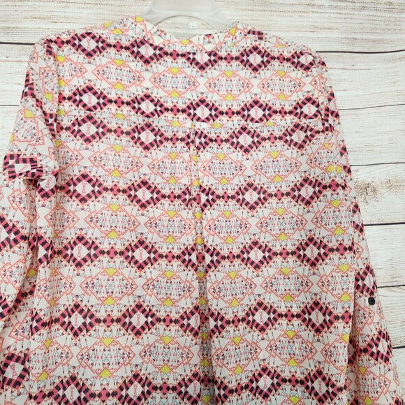 HD In Paris Anthropologie Top Tunic Size 4 Kavari Pink Chevron Blouse Rolled Tab - Picture 12 of 14